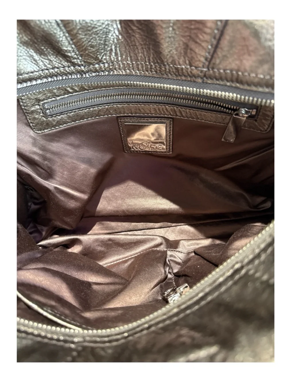 Kooba Metallic Bronze Double Strap Top Zip & Front Zipped Pockets Shoulder Bag